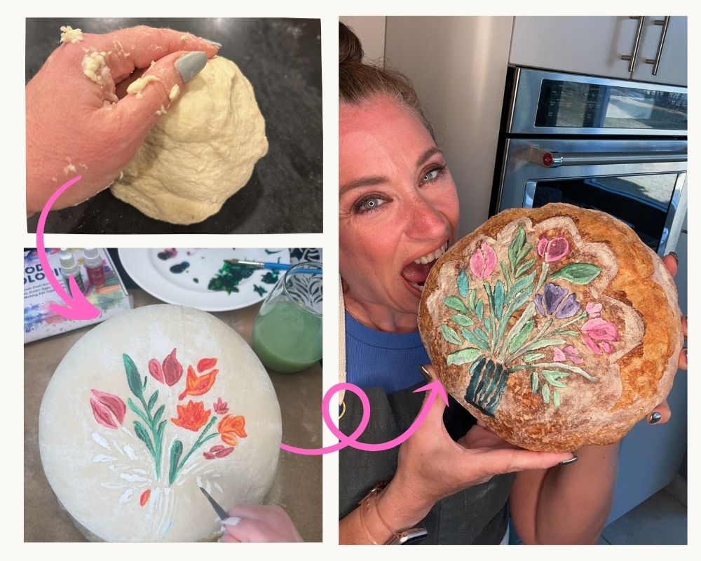 Step-by-step collage of painting a bouquet on homemade bread, ending with a smiling woman holding the finished loaf
