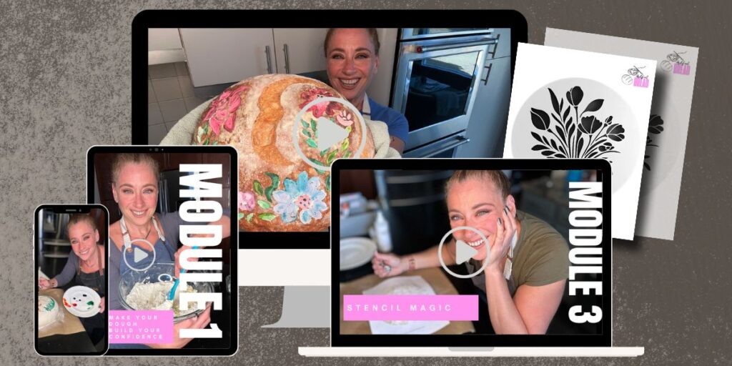 Online Course Launch Mockup Instagram Post Preview of the Bread Bouquet online course, showing step-by-step video lessons and a printable floral stencil for decorating bread.