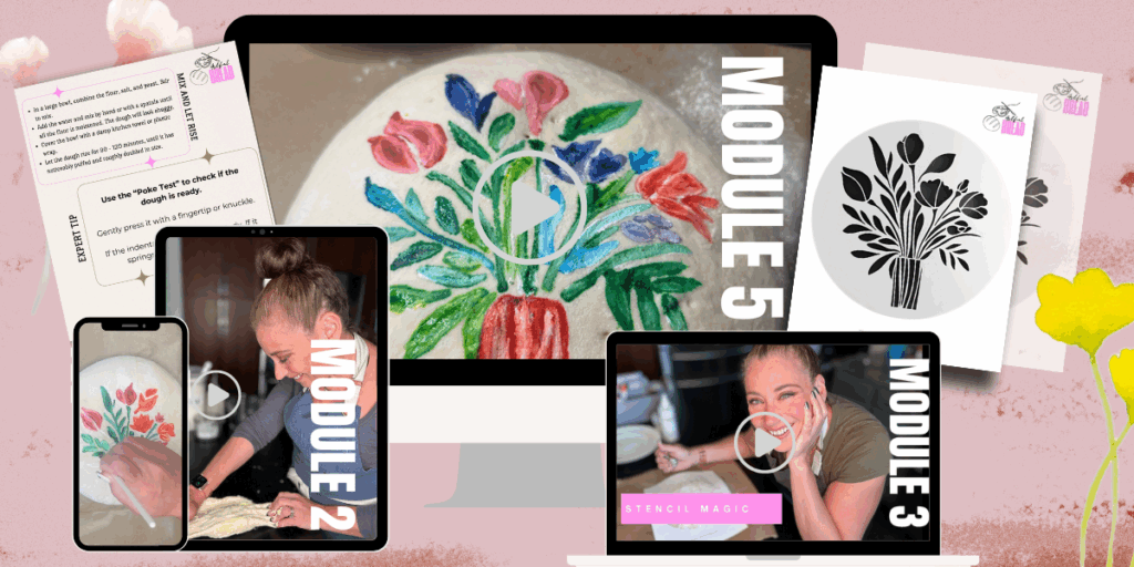 Preview of the Bread Bouquet online course, showing step-by-step video lessons and a printable floral stencil for decorating bread.