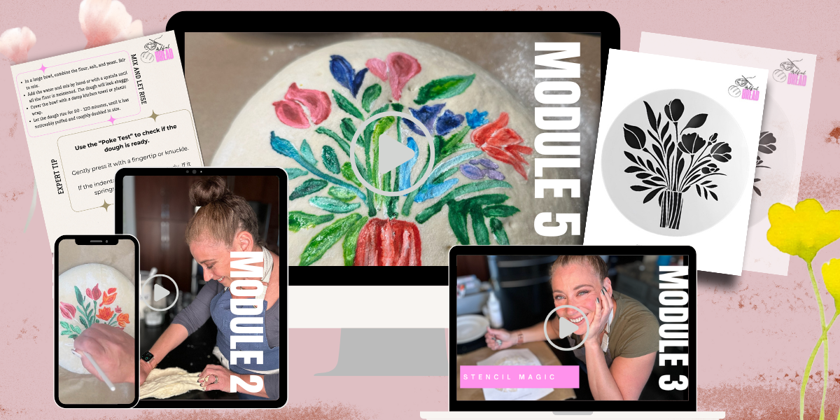 Preview of the Bread Bouquet online course, showing step-by-step video lessons and a printable floral stencil for decorating bread.